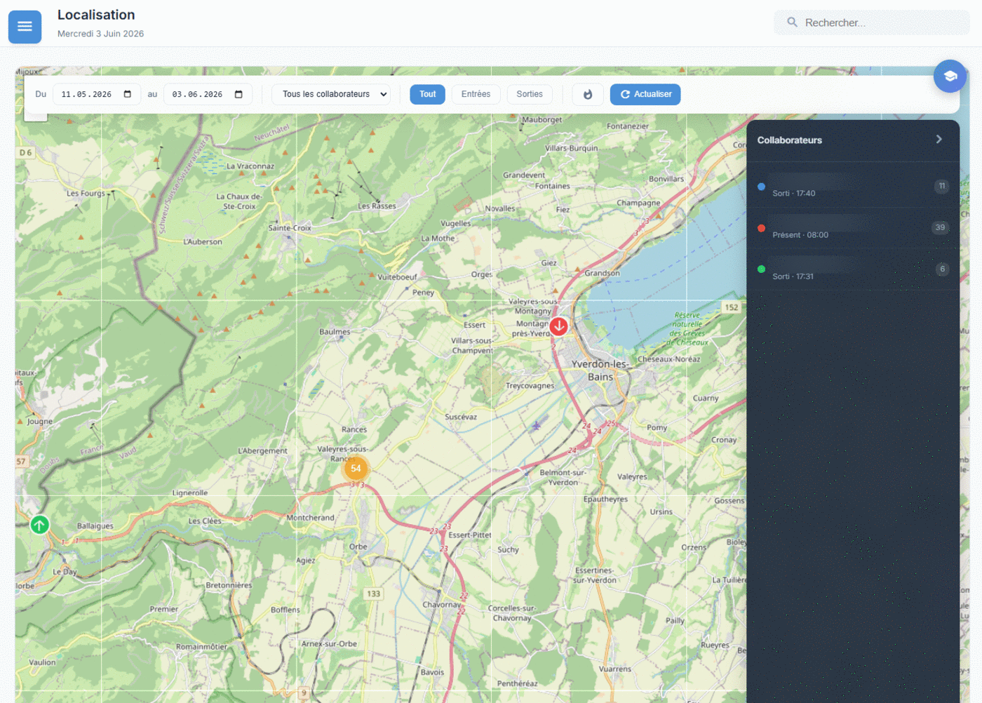 Carte de localisation NoxusTime : pointages géolocalisés des collaborateurs sur la carte