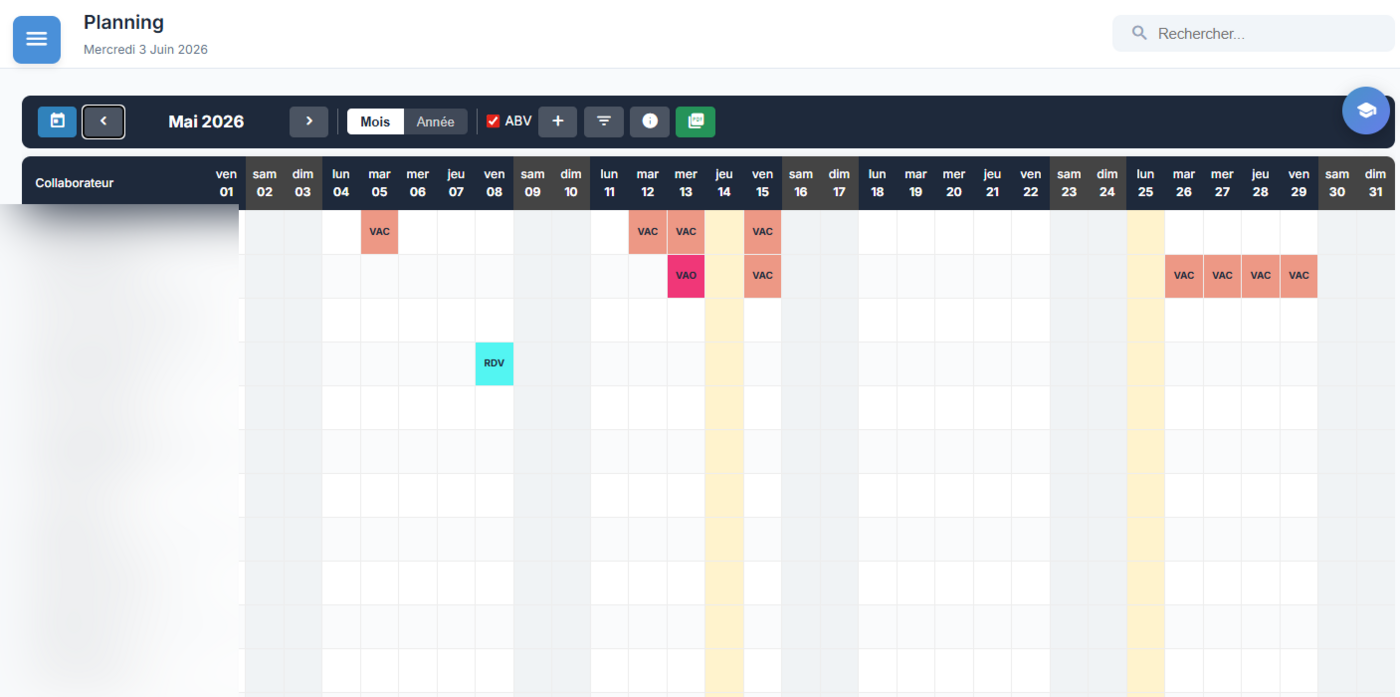 Planning NoxusTime : calendrier mensuel des équipes avec absences et congés