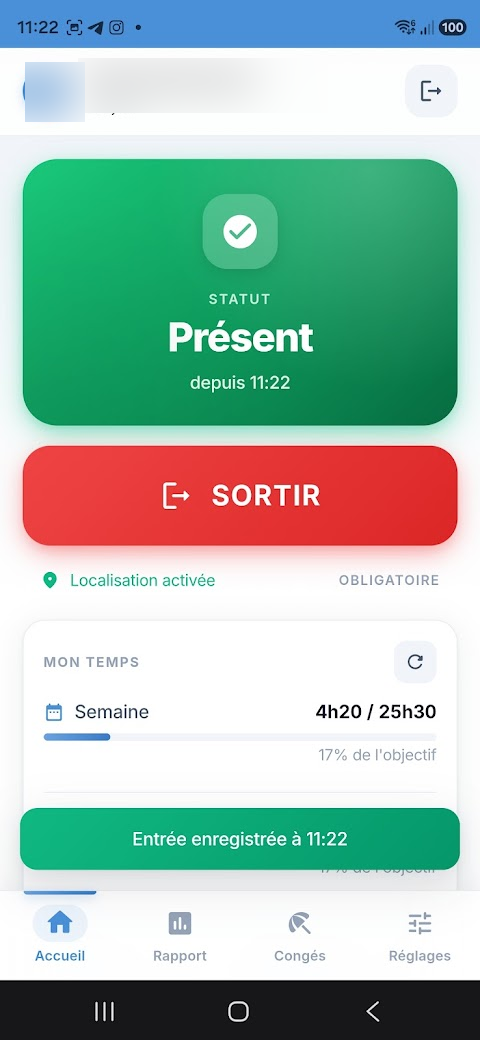 Application mobile NoxusTime : écran de pointage avec statut Présent et compteur d'heures